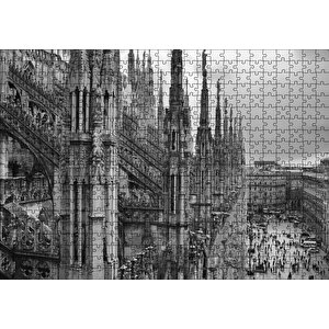 İtalya Milano Görkemli Katedral Siyah Beyaz Puzzle Yapboz Mdf Ahşap 500 Parça