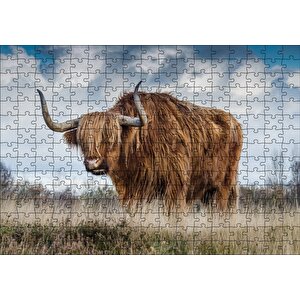 Bozkırda Kahverengi Yak Öküzü Ve Bulutlar Puzzle Yapboz Mdf Ahşap 255 Parça