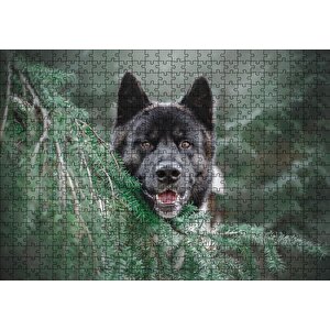 Akita Kahverengi Siyah Köpek Ve Çam Yaprakları Puzzle Yapboz Mdf Ahşap 500 Parça