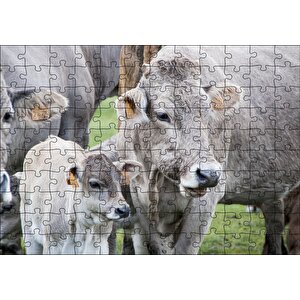 Çayırda Gri İnekler Ve Sevimli Buzağı Puzzle Yapboz Mdf Ahşap 120 Parça