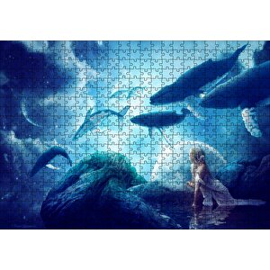 Fantastik Dünyanın Uçan Balinaları Ve Genç Kız Puzzle Yapboz Mdf Ahşap 500 Parça