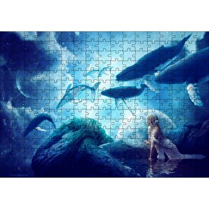 Fantastik Dünyanın Uçan Balinaları Ve Genç Kız Puzzle Yapboz Mdf Ahşap 255 Parça