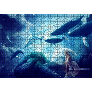 Fantastik Dünyanın Uçan Balinaları Ve Genç Kız Puzzle Yapboz Mdf Ahşap 1000 Parça