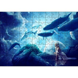 Fantastik Dünyanın Uçan Balinaları Ve Genç Kız Puzzle Yapboz Mdf Ahşap 120 Parça