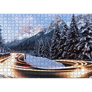 Karlı Orman İçindeki Yol Uzun Pozlama Çekim Puzzle Yapboz Mdf Ahşap 500 Parça