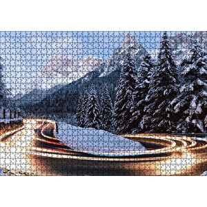 Karlı Orman İçindeki Yol Uzun Pozlama Çekim Puzzle Yapboz Mdf Ahşap 1000 Parça