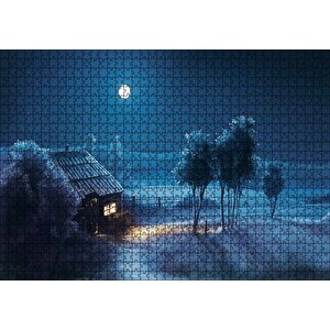 Dolunayda Şirin Kulübe Ve Bahçede Ağaçlar Puzzle Yapboz Mdf Ahşap 1000 Parça