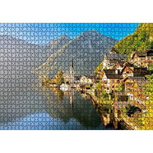 Avusturya Alplerinde Göl Kenarındaki Kasaba Puzzle Yapboz Mdf Ahşap 1000 Parça