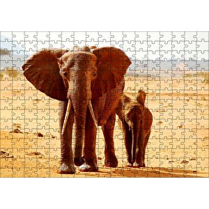 Afrika Savanada Anne Fil Ve Yavrusu Puzzle Yapboz Mdf Ahşap 255 Parça