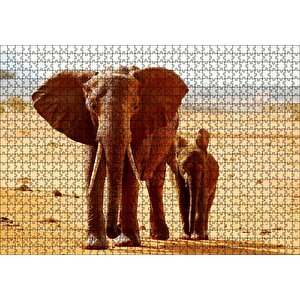 Afrika Savanada Anne Fil Ve Yavrusu Puzzle Yapboz Mdf Ahşap 1000 Parça