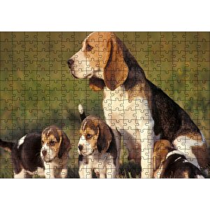 Anne Beagle Ve Sevimli Yavruları Puzzle Yapboz Mdf Ahşap 255 Parça