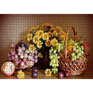 Sepette Meyvalar Vazoda Çiçek Görseli Puzzle Yapboz Mdf Ahşap 1000 Parça