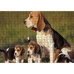 Anne Beagle Ve Sevimli Yavruları Puzzle Yapboz Mdf Ahşap 500 Parça
