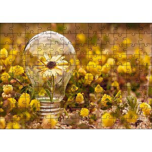 Sarı Çiçekler Ve Ampul İçerisindeki Yalnız Sarı Çiçek Puzzle Yapboz Mdf Ahşap 120 Parça