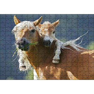 Otlayan Kahverengi Beyaz At Ile Sırtındaki Tayı Puzzle Yapboz Mdf Ahşap 255 Parça