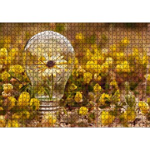 Sarı Çiçekler Ve Ampul İçerisindeki Yalnız Sarı Çiçek Puzzle Yapboz Mdf Ahşap 1000 Parça