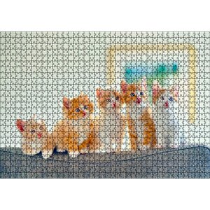 Koltukta Yanyana Sarı Beyaz Renkli 5 Kedi Puzzle Yapboz Mdf Ahşap 1000 Parça