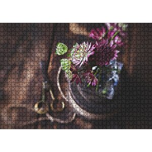 Mor Yeşil Çiçekler Flu İp Ve Makas Arka Plan Puzzle Yapboz Mdf Ahşap 1000 Parça