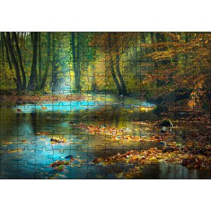 Orman İçindeki Nehir Ve Suda Sonbahar Yaprakları Puzzle Yapboz Mdf Ahşap 120 Parça
