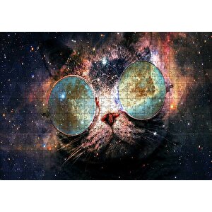 Güneş Gözlüklü Kedi Ve Galaksiler Puzzle Yapboz Mdf Ahşap 500 Parça