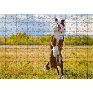 Sarı Çayırda Zıplayan Kahverengi Beyaz Köpek Puzzle Yapboz Mdf Ahşap 255 Parça