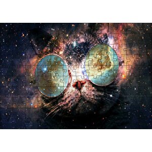 Güneş Gözlüklü Kedi Ve Galaksiler Puzzle Yapboz Mdf Ahşap 120 Parça