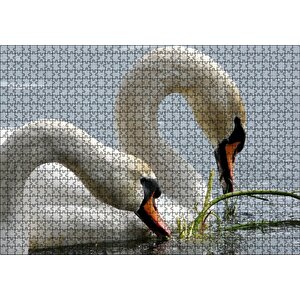 Gölde Beslenen Bir Çift Beyaz Kuğu Puzzle Yapboz Mdf Ahşap 1000 Parça