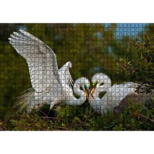 Birbirine Kur Yapan Ak Balıkçıl Kuşları Puzzle Yapboz Mdf Ahşap 1000 Parça