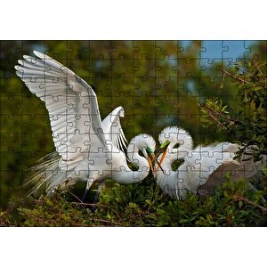 Birbirine Kur Yapan Ak Balıkçıl Kuşları Puzzle Yapboz Mdf Ahşap 120 Parça