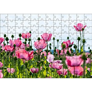 Çayırda Pembe Gelincikler Ve Gökyüzü Puzzle Yapboz Mdf Ahşap 120 Parça