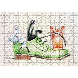 Yeşil Ayakkabı Ve İçinde Yavru Kediler Karikatür Puzzle Yapboz Mdf Ahşap 255 Parça