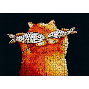 Balık Gözlü Kedi Karikatürize Puzzle Yapboz Mdf Ahşap 1000 Parça
