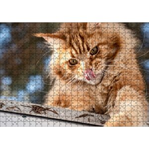 Yalanan Sarı Sevimli Kedi Puzzle Yapboz Mdf Ahşap 500 Parça