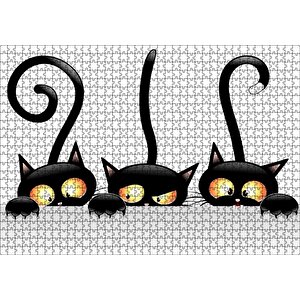 Komik Üç Kedi Görseli Puzzle Yapboz Mdf Ahşap 1000 Parça