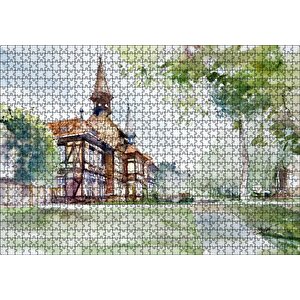 Suluboya Efekt Binalar Ve Ağaçlar Çizim Puzzle Yapboz Mdf Ahşap 1000 Parça
