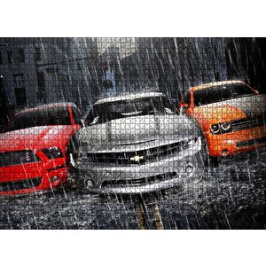 Mustang Camaro Ve Dodge Araçlar Yağmur Altında Puzzle Yapboz Mdf Ahşap 1000 Parça