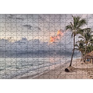 Gündoğumu Issız Kumsal Palmiyeler Ve Bulutlar Puzzle Yapboz Mdf Ahşap 255 Parça