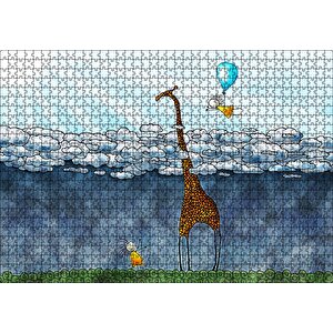 Zürafa İki Çocuk Bulutlar Boyama Sanat Eseri Puzzle Yapboz Mdf Ahşap 1000 Parça