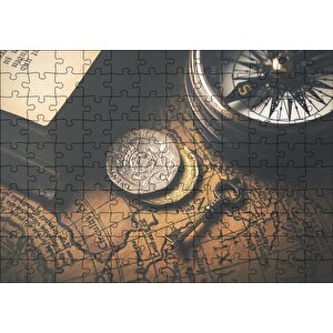Eski Harita Madeni Paralar Pusula Ve Anahtar Puzzle Yapboz Mdf Ahşap 120 Parça