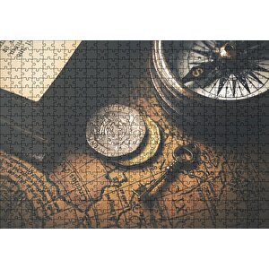 Eski Harita Madeni Paralar Pusula Ve Anahtar Puzzle Yapboz Mdf Ahşap 500 Parça