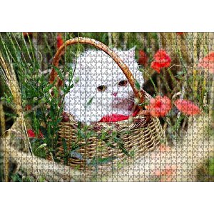 Beyaz Kedi Sepet İçinde Doğada Puzzle Yapboz Mdf Ahşap 1000 Parça