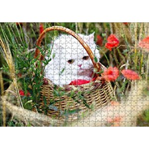 Beyaz Kedi Sepet İçinde Doğada Puzzle Yapboz Mdf Ahşap 500 Parça