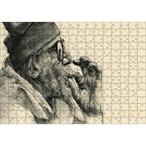 Sigara İçen Gözlüklü Yaşlı İnsan Görseli Puzzle Yapboz Mdf Ahşap 255 Parça