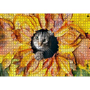 Sonbahar Rengi Yapraklar Arasındaki Kedi Puzzle Yapboz Mdf Ahşap 1000 Parça