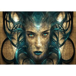 Sürrealistik Kadın Yüzü Ve Siyah Saçları Puzzle Yapboz Mdf Ahşap 120 Parça