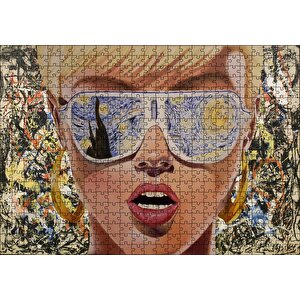 Yıldızlı Gece Desenli Gözlüklü Retro Kız Puzzle Yapboz Mdf Ahşap 500 Parça