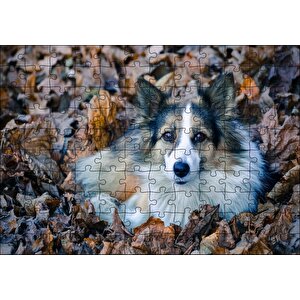 Kuru Yapraklar Arasındaki Sevimli Köpek Puzzle Yapboz Mdf Ahşap 120 Parça