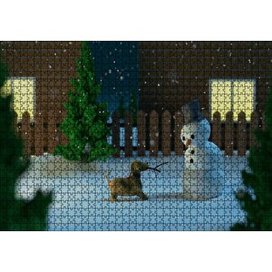 Kardan Adam Ve Oyun İsteyen Köpek Puzzle Yapboz Mdf Ahşap 1000 Parça