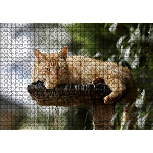 Kütüğün Üzerinde Miskinlik Eden Sarı Kedi Puzzle Yapboz Mdf Ahşap 1000 Parça