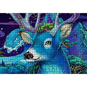 Mavi Temalı Geyik Yakın Plan Puzzle Yapboz Mdf Ahşap 1000 Parça